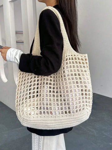 Qfdian Fashion Vintage Solid Color Knitted Hollow Tote Bag Large Capacity Shopping Shoulder Bag Crochet Handbag for Women